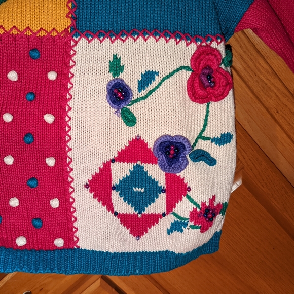 Vintage SKY wear Pink Blue Floral Flower Embellished Women size M Sweater - Picture 3 of 11